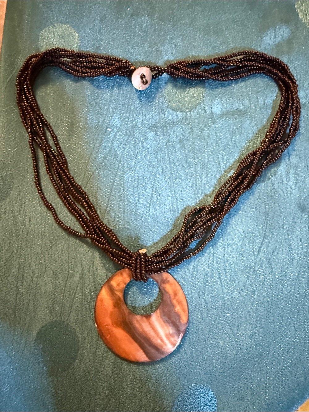 Beaded Brown Multi-Strand Necklace with Round Brown Pendant